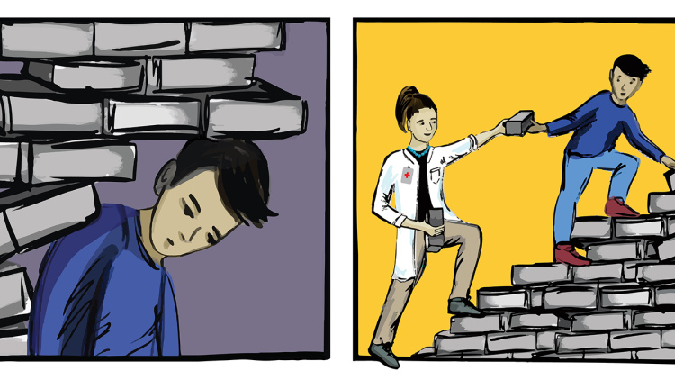 Comic strip of a teen trapped under bricks, and then a school nurse helping him build a ladder with the bricks