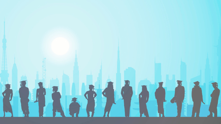 illustration of silhouettes with cap and gown against blue-tinged city backdrop