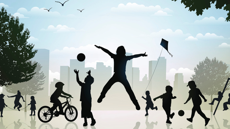 Graphic of kids in silhouette playing on a playground 