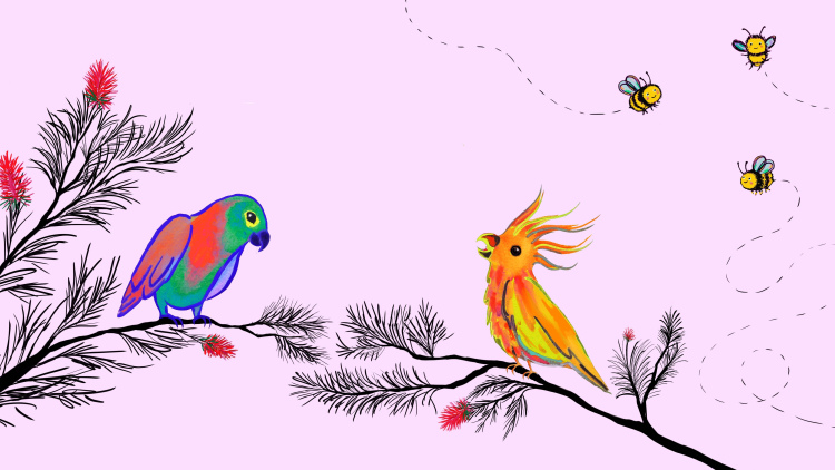 colorful drawing of birds and bees against pink background