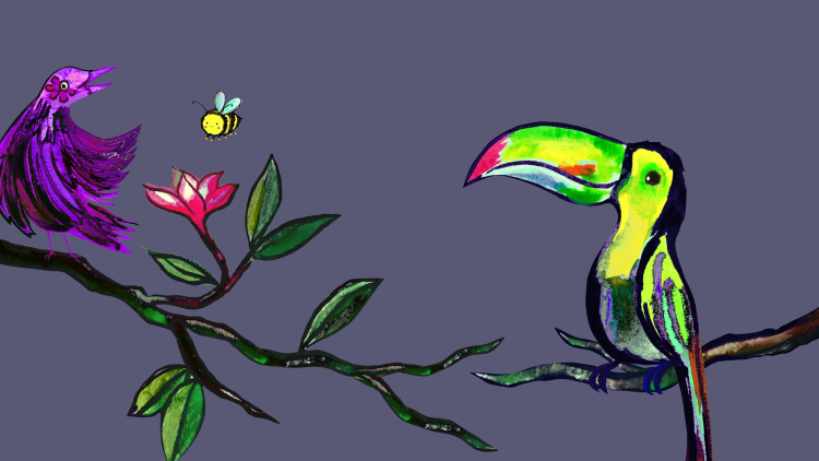 drawing of two brightly colored birds on a branch, with a bee near flower