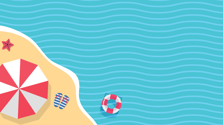 simple illustration of a beach with umbrella, flip flops, and buoy
