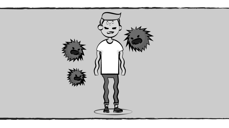 black and white comic of a boy with anxiety monsters floating around him