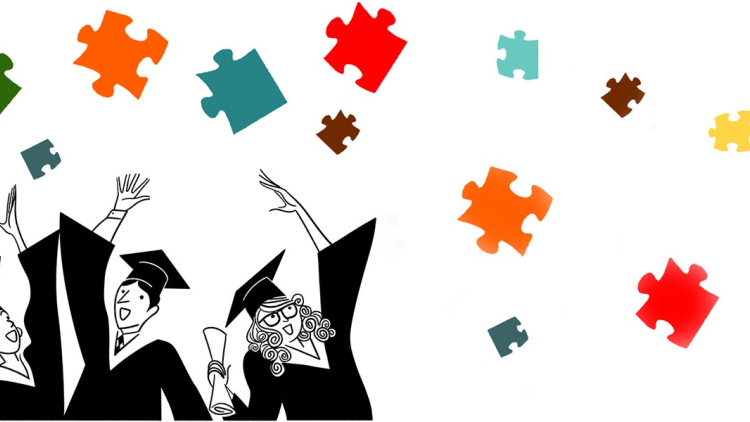 Illustration of graduates with colorful puzzle pieces