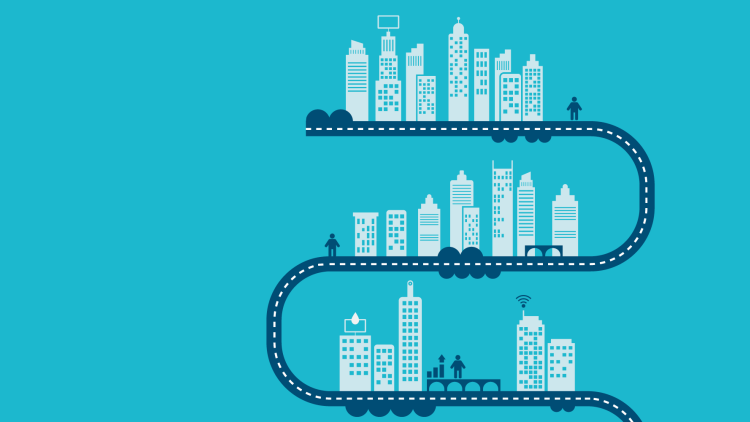 Graphic of a road connecting cityscapes