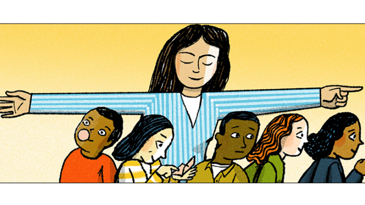 illustration of a teacher with several children