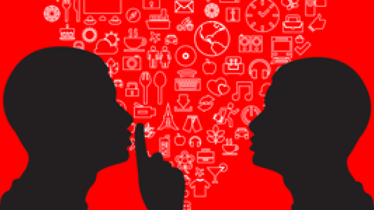 illustration of two people talking, with one holding a finger over his mouth