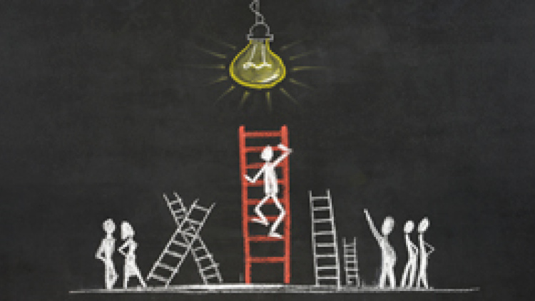 sketch on blackboard of stick figure climbing ladder