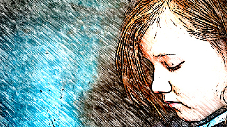photo illustration of a young girl against a blue background, looking down, sadly