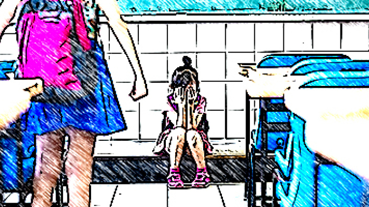 Young girl sits with head in hands. Another girl in a backpack walks toward her