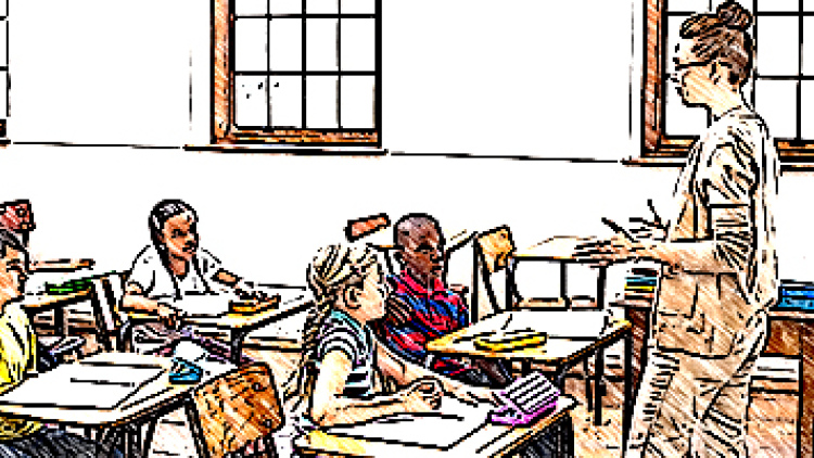 Teacher leading discussing with diverse group of elementary school students