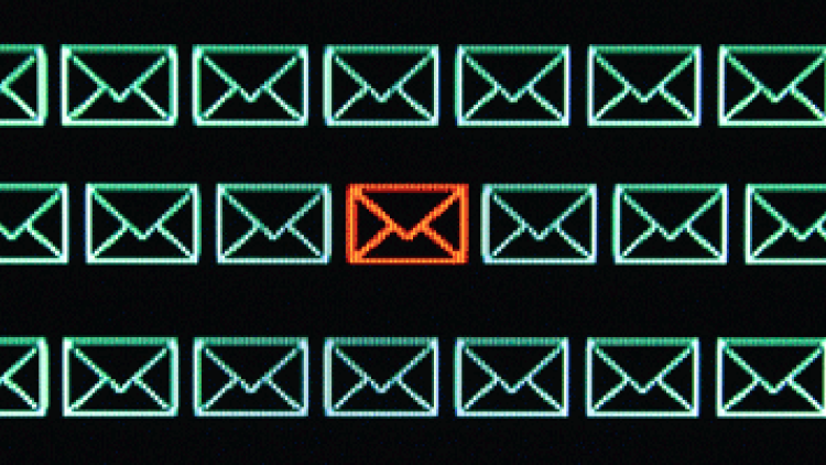 computerized image of many green email icons with one red icon
