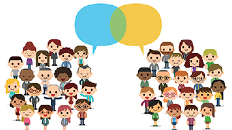Colorful cartoon illustration of two groups of people listening to each other