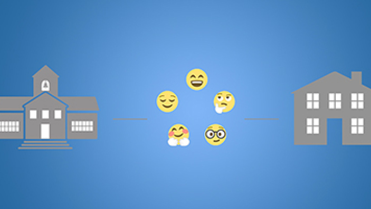 Illustration of a school on the left and a house on the right, with yellow emoticons in the middle