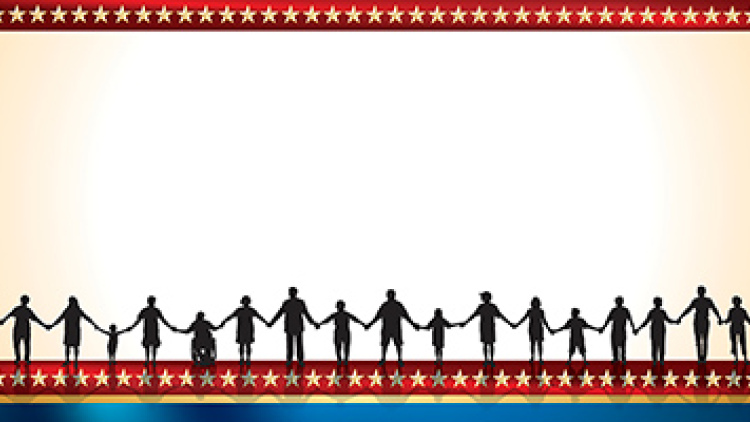 illustration depicting silhouette images of people holding hands, with stars along the border