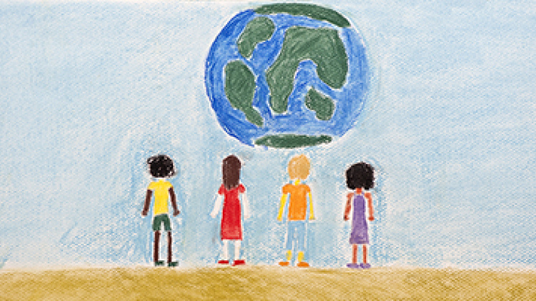 crayon drawing of children and the earth