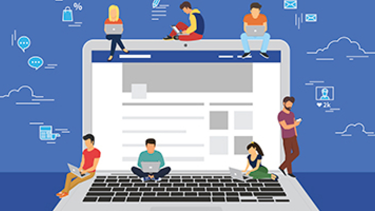 Graphical illustration of a laptop surrounded by representations of students