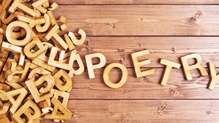 jumble of wooden letter coming together to spell "poetry"
