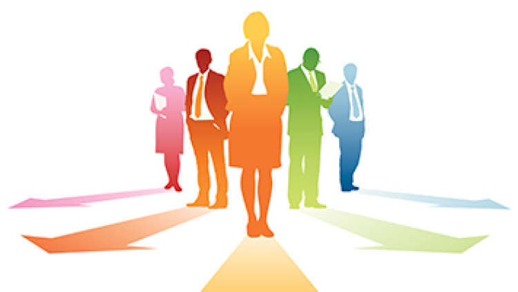 illustrated rainbow-colored silhouettes of people, with arrows under their feet pointing in different directions