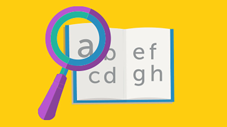 An illustration of a book with a magnifying glass on a yellow background