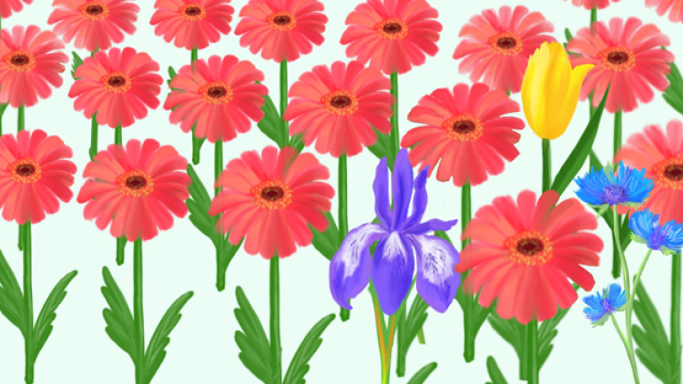 An illustration of mostly pink flowers with a purple and yellow flower mixed in