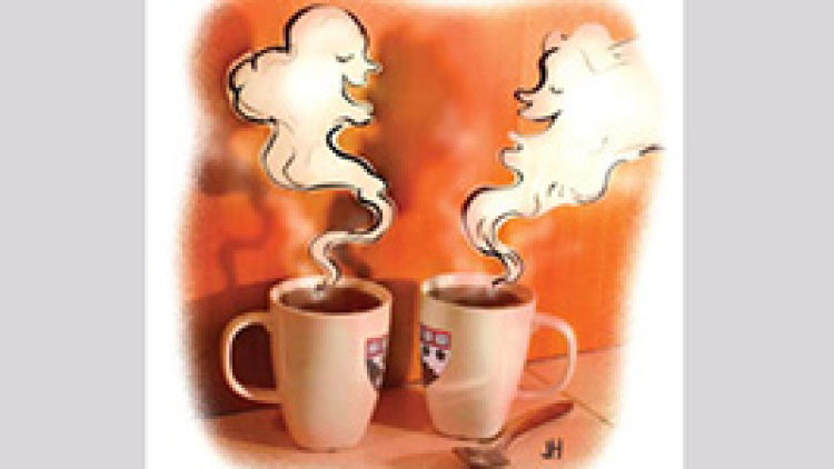 Illustration, two mugs of coffee with steam