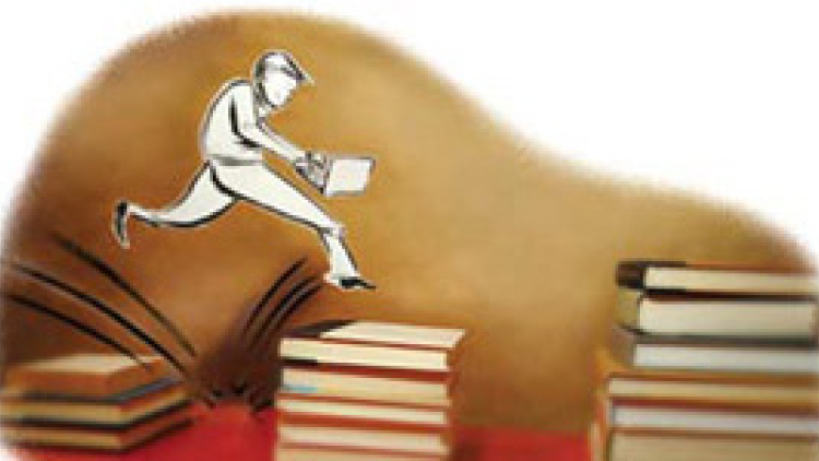 Illustration, person hopping stacks of books