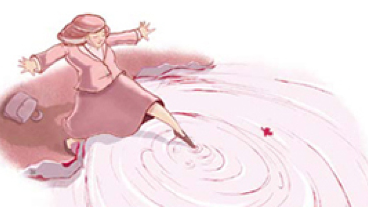 Illustration, woman dipping toe in water puddle