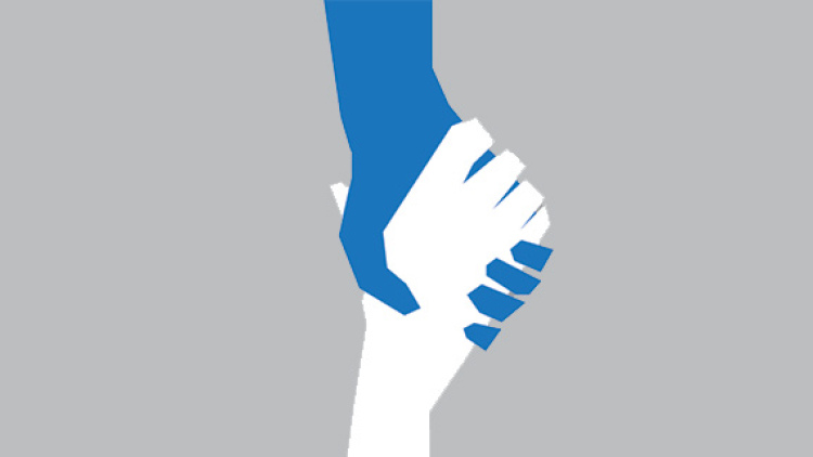 An illustrated graphic of two hands (one blue, one white) reaching out for one another 