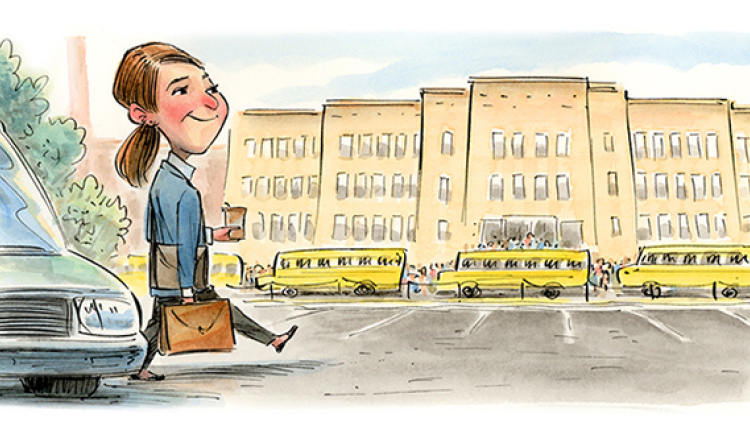 Illustration of teacher arriving for first day of school