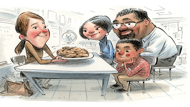 Illustration of teacher and family with plate of cookies