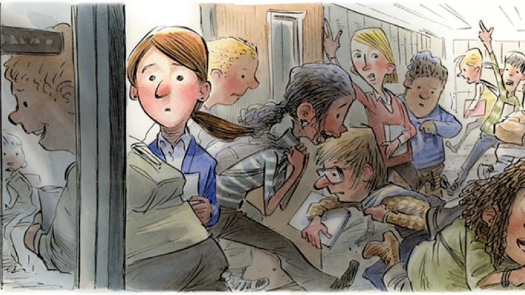 illustration of kids rushing out of the classroom, as teacher stands in doorway