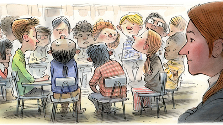 illustration of a group of kids sitting awkwardly in a circle, not making eye contact