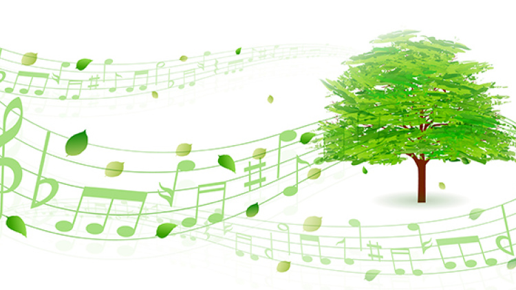 Illustration of a green tree with floating leaves rendered as musical notes
