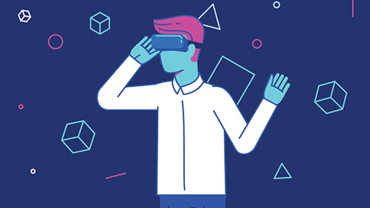 Graphic illustrating a guy in virtual-reality goggles, with shapes floating around him