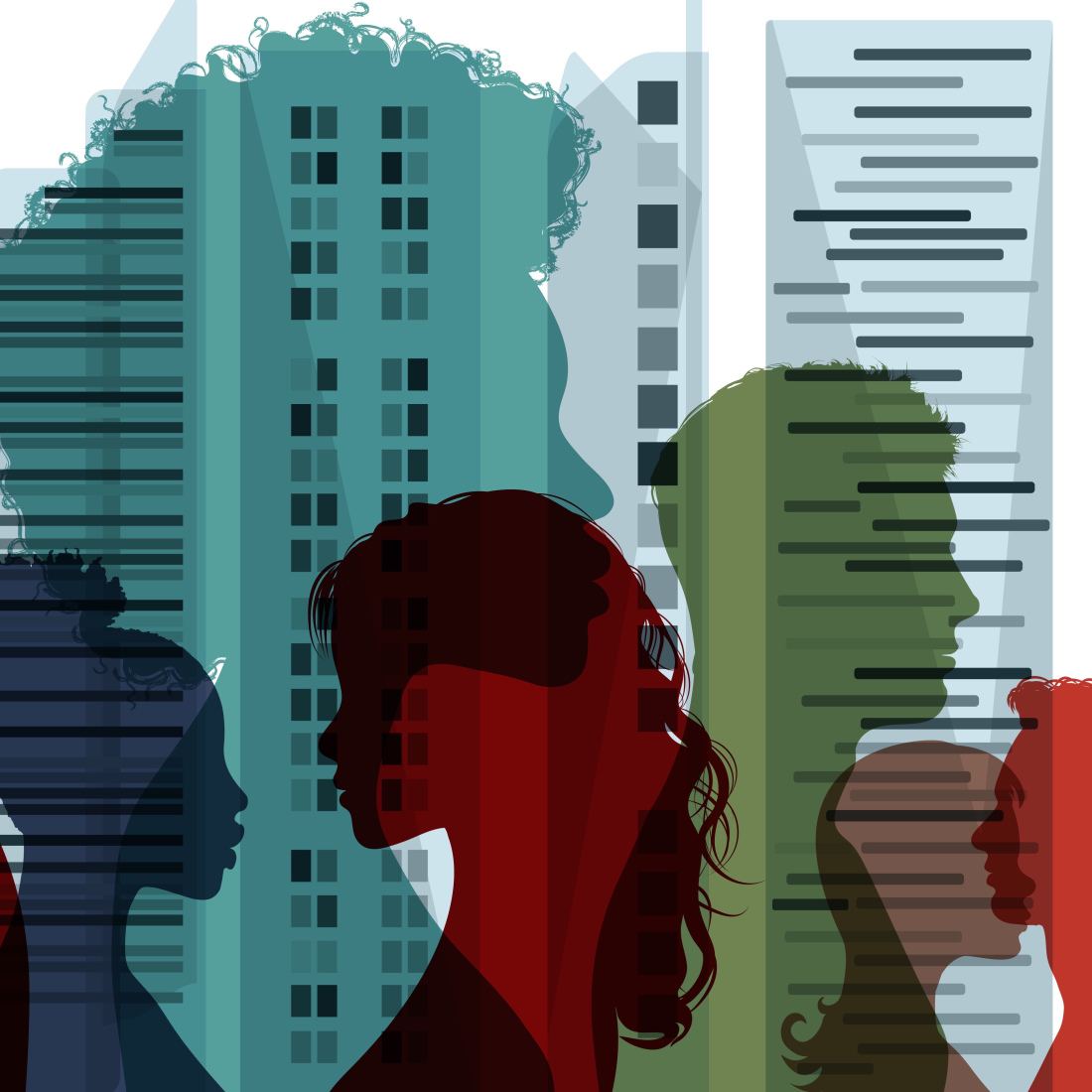Illustration of many people's silhouettes in a city, in different sizes and colors.