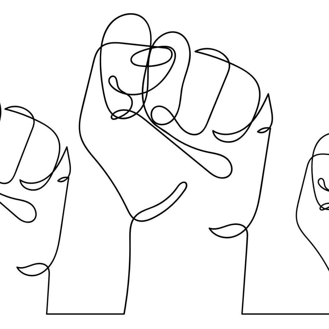 Sketch of three fists raised in the air.