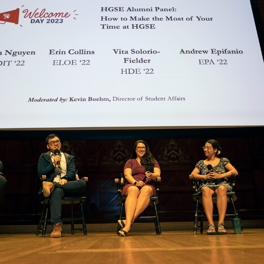 A panel of recent alumni offered advice to students at Sanders Theatre