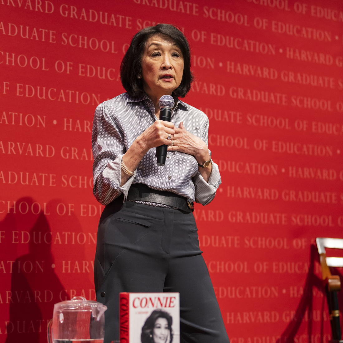 Journalist Connie Chung with microphone