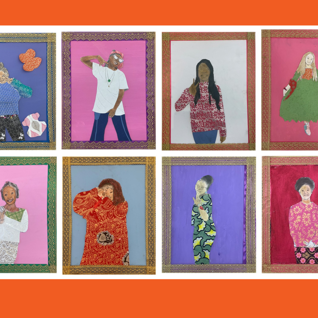 Self-portraits by Mother Caroline Academy students, inspired by Bahamian textile artist Gio Swaby