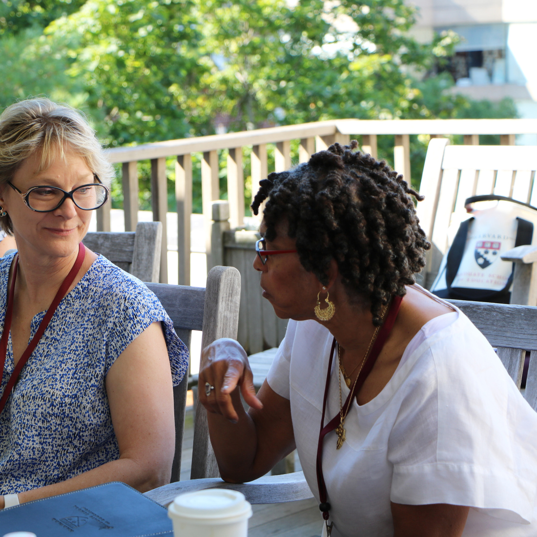 Two participants converse during the program while outside on campus at HGSE