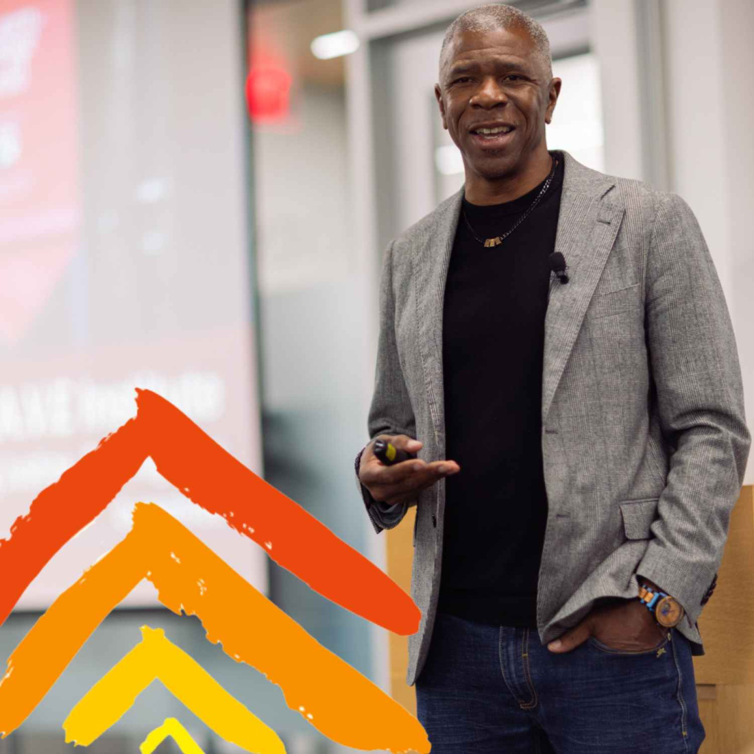 Shawn Ginwright speaking at HGSE with the four pivots logo