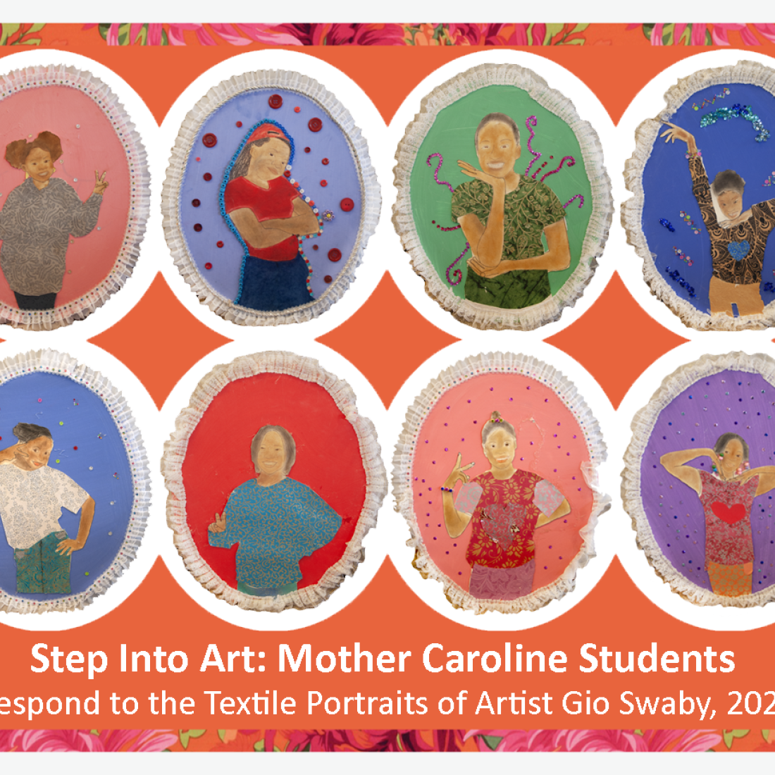 Self-portraits of Mother Carline Academy sixth-graders for the annual 2026 exhibit