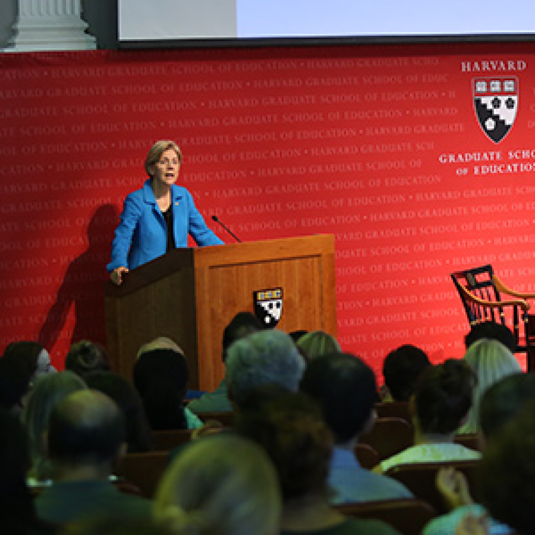 Elizabeth Warren addresses an audience in Askwith Hall.