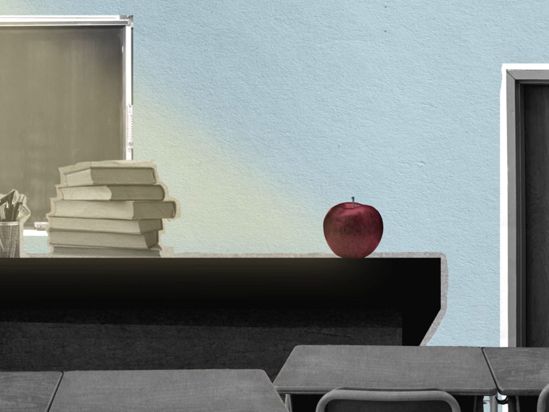 Illustration of an apple and books on a desk in a classroom